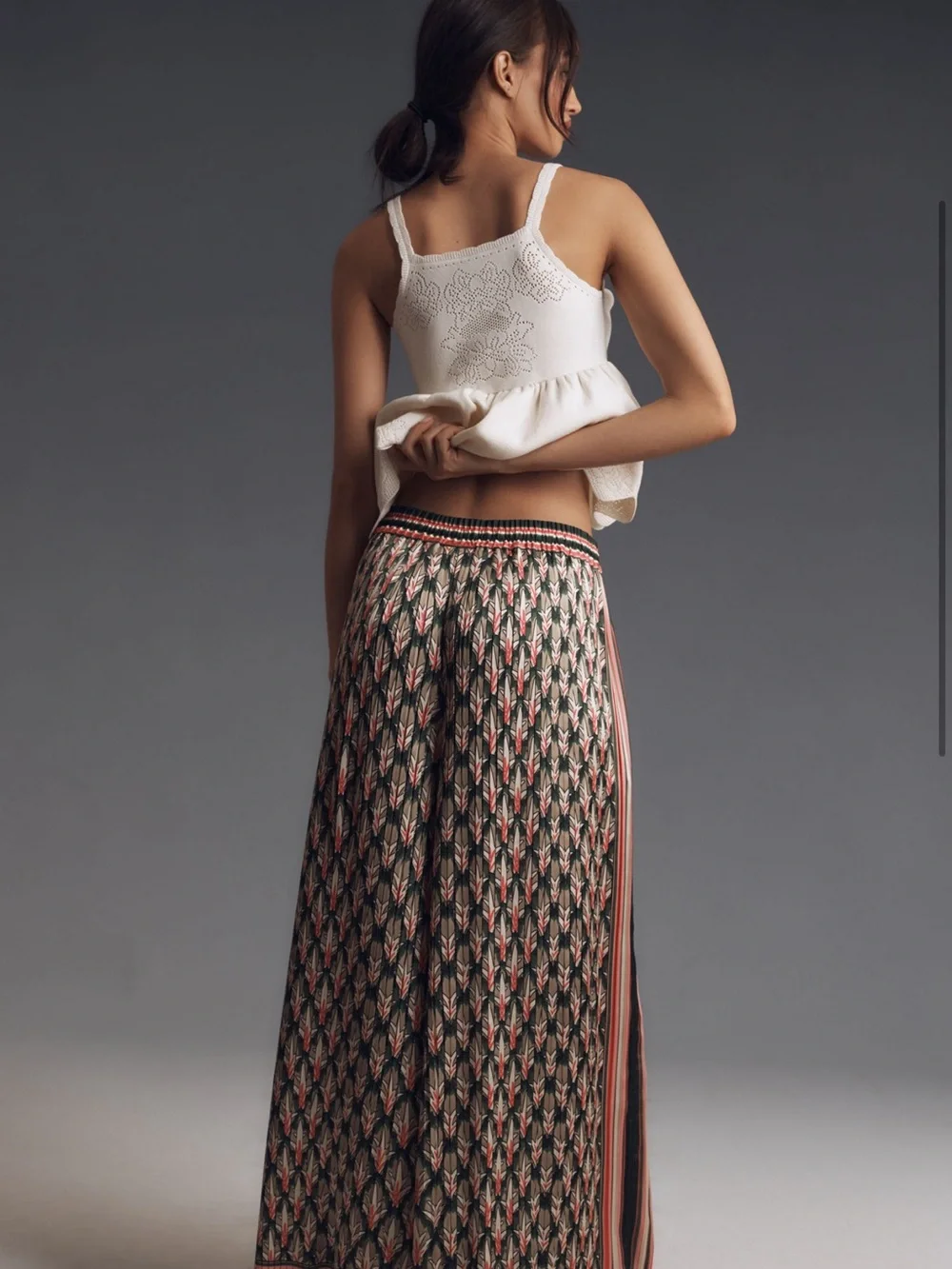 FARM Rio Olive Green and Coral Wide-Leg Printed Palazzo Pants - Picture 2 of 4
